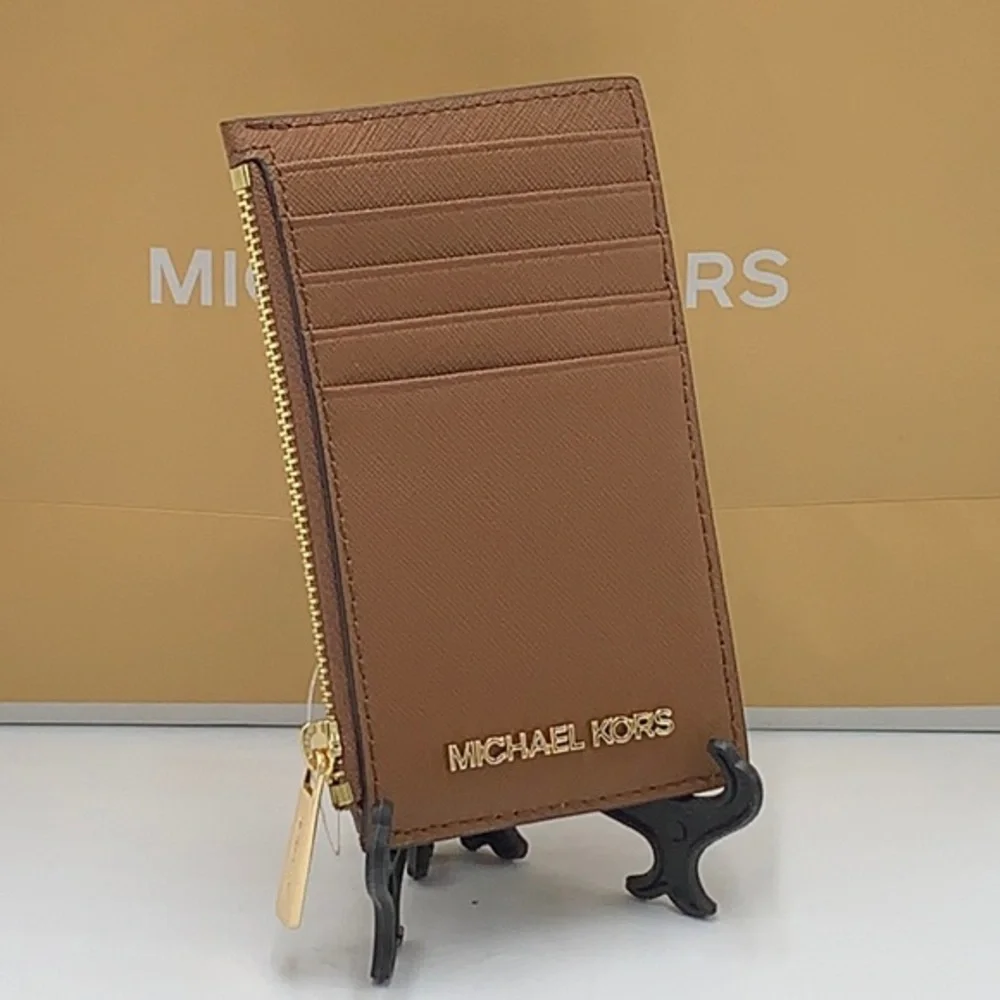 Michael Kors Jet Set Travel Medium Top Zip Card Case Wallet LUGGAGE COLOR